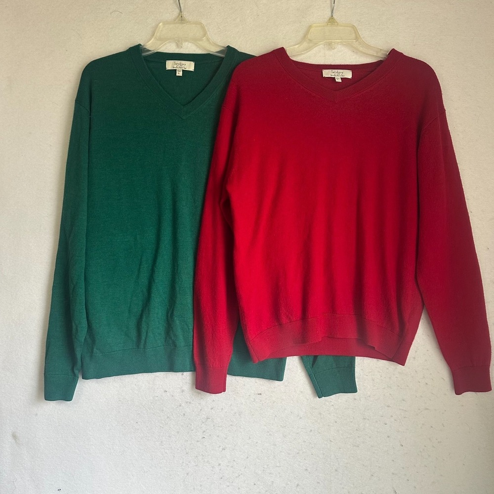 Turnbury Mens Extra Fine Merino Wool V-Neck Sweater Bundle Green Red‎ Size L